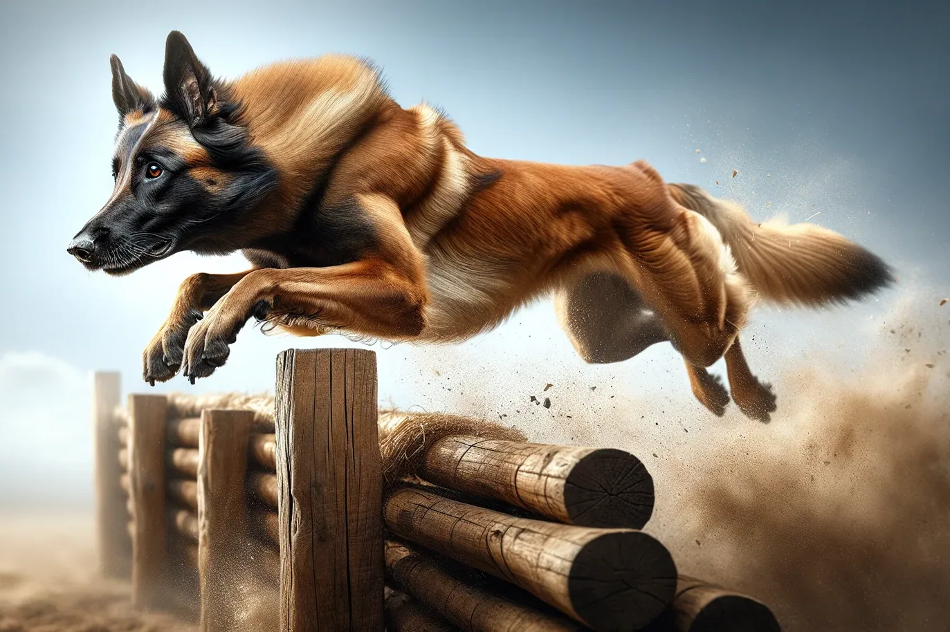 A Belgian Shepherd running through an agility course with a handler