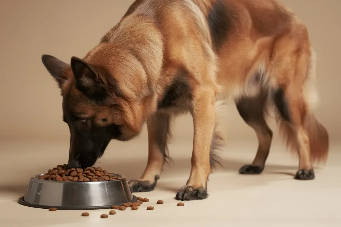 A Belgian Shepherd eating from a bowl in a kitchen setting.