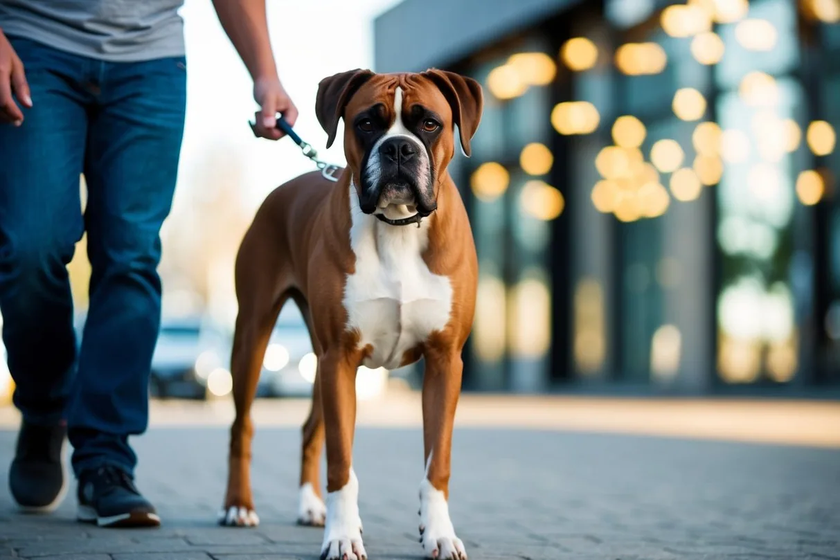 A Boxer dog standing alertly in a sunny park, looking directly at the camera.