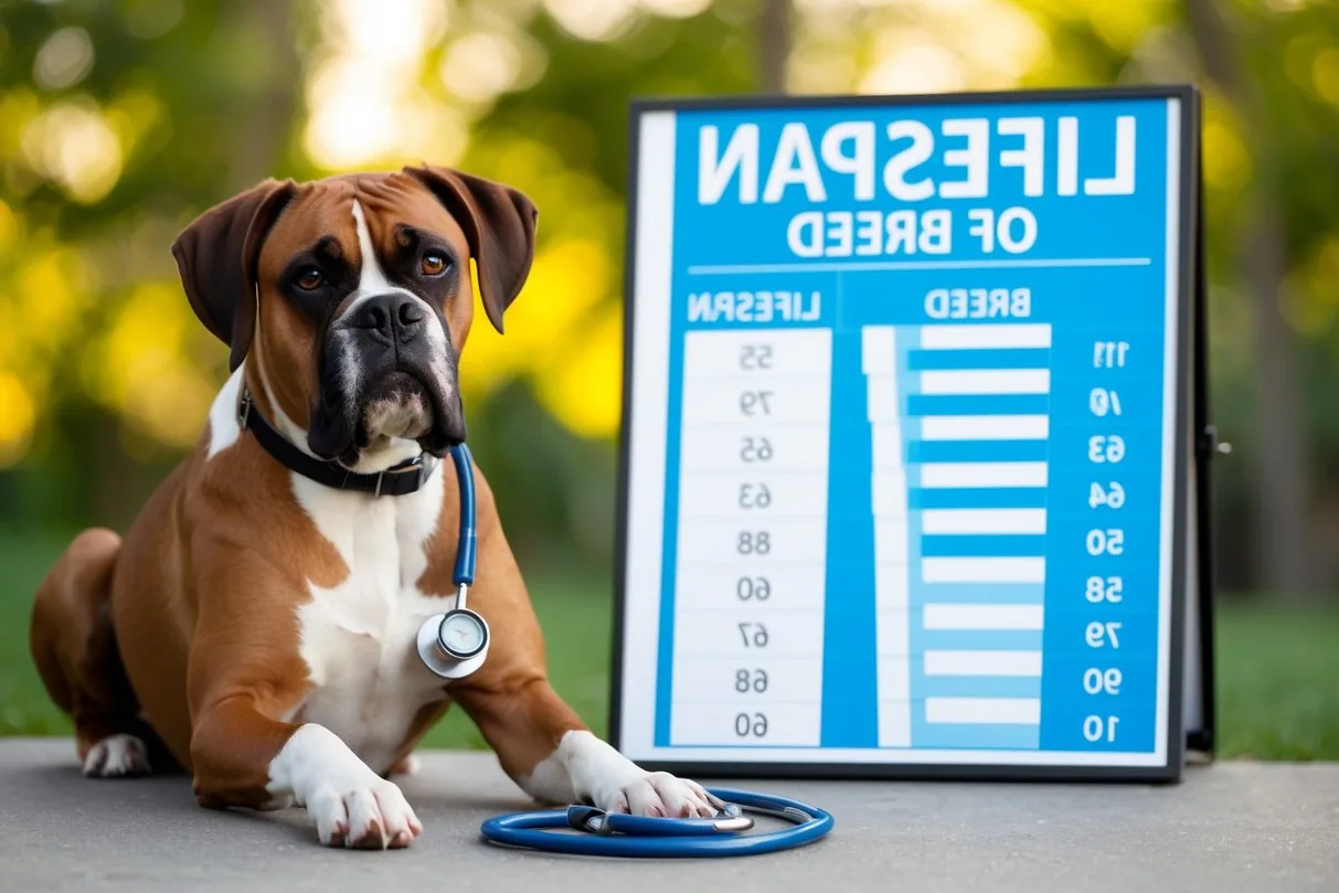 A healthy Boxer dog lying on a grassy lawn, looking alert and content.