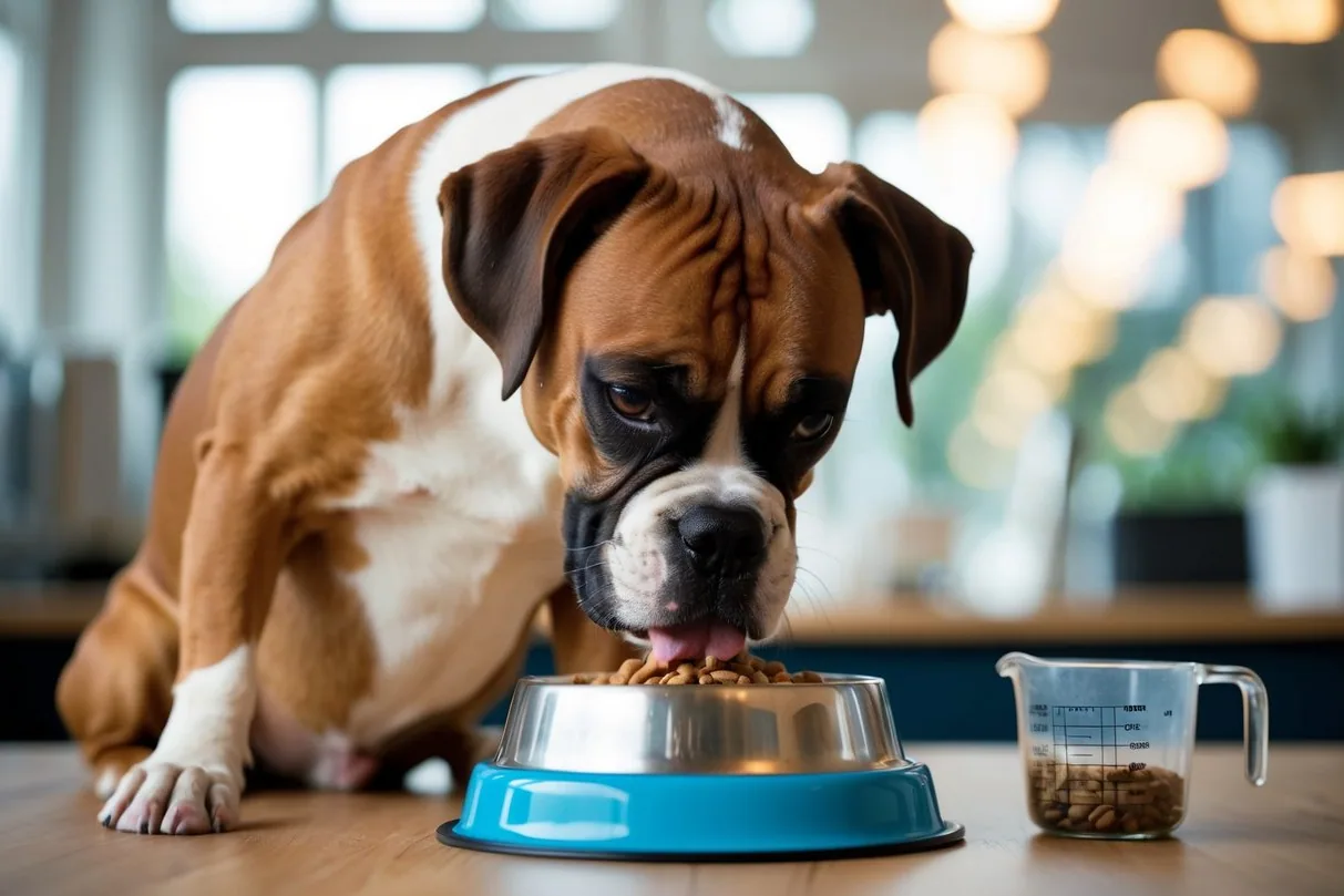 A boxer dog eating from a food bowl in a kitchen.
