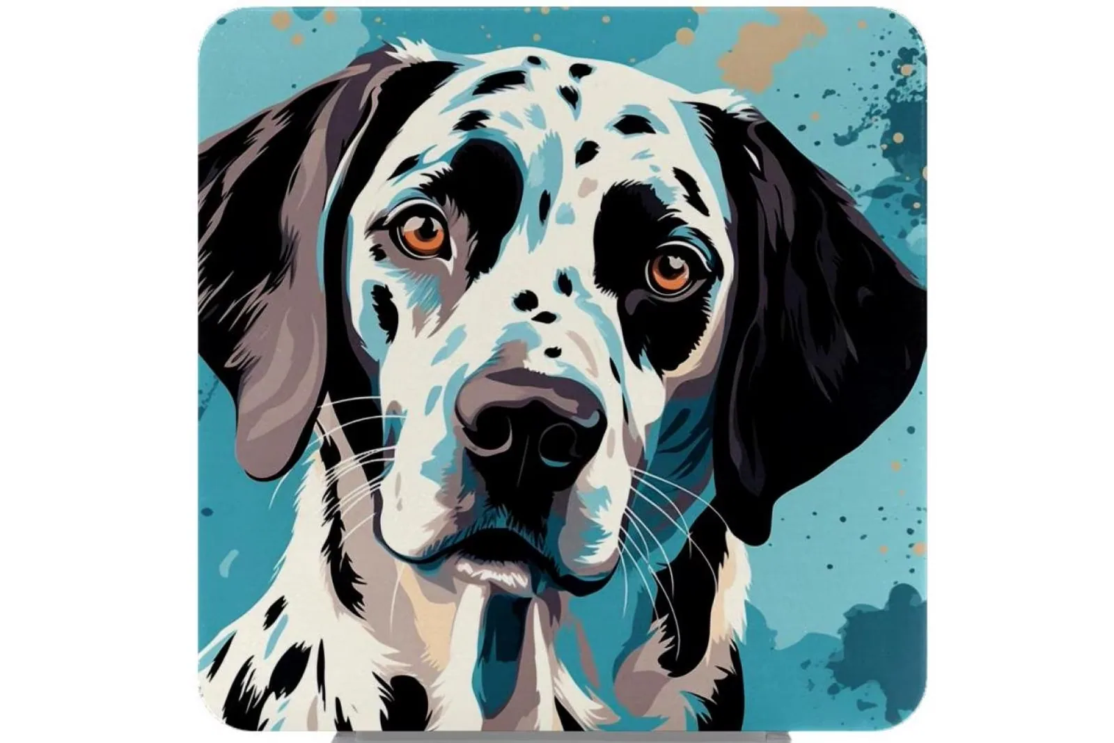 A Dalmatian sitting calmly with a gentle expression in a home setting.