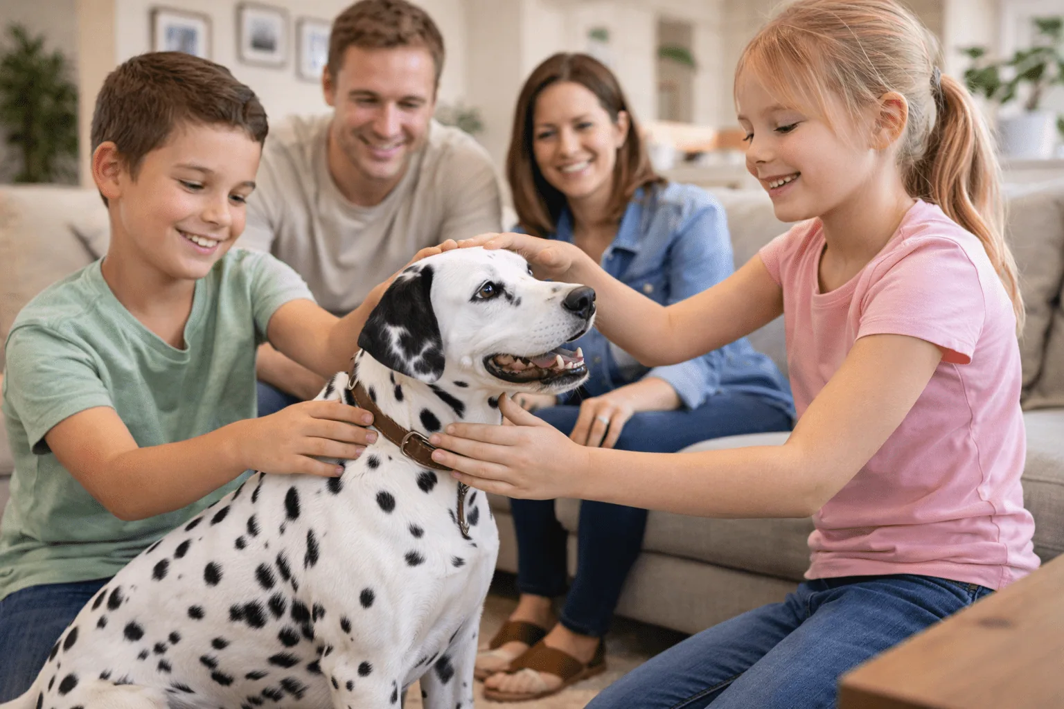 A Dalmatian dog sitting calmly on a wooden floor, looking at the camera.