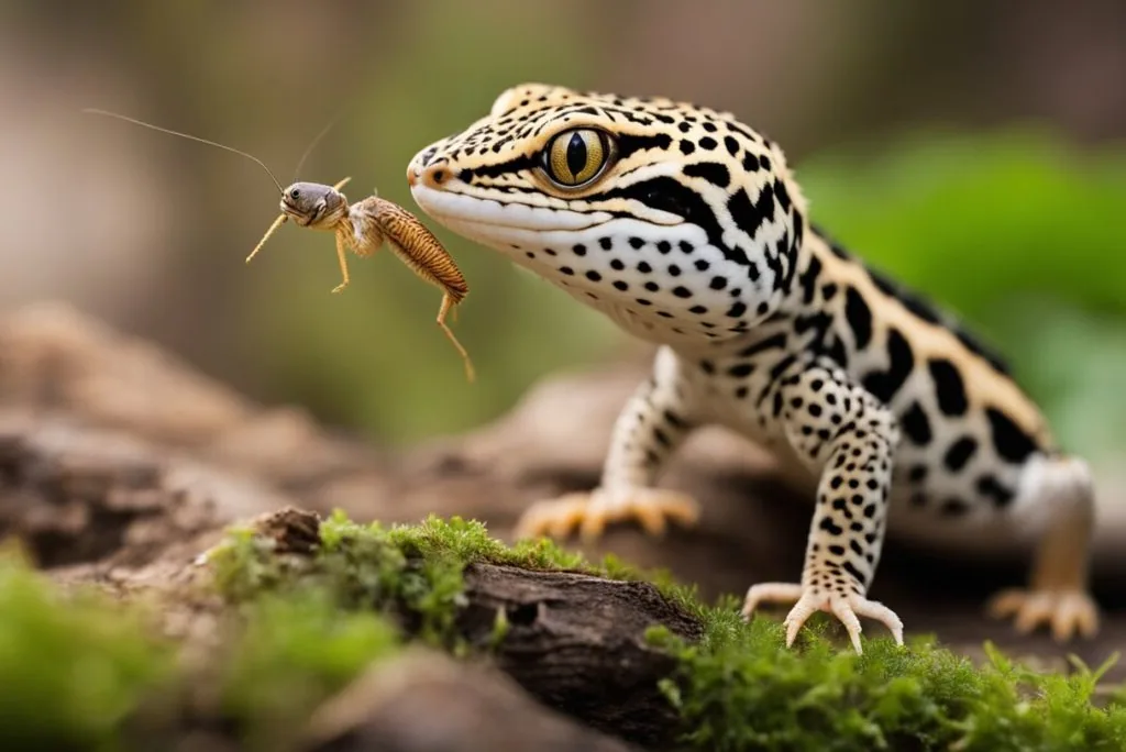 A gecko eating a cricket on a branch