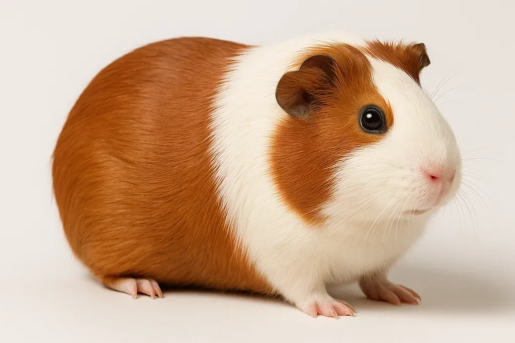 Two guinea pigs with smooth and rough coats sitting on hay.