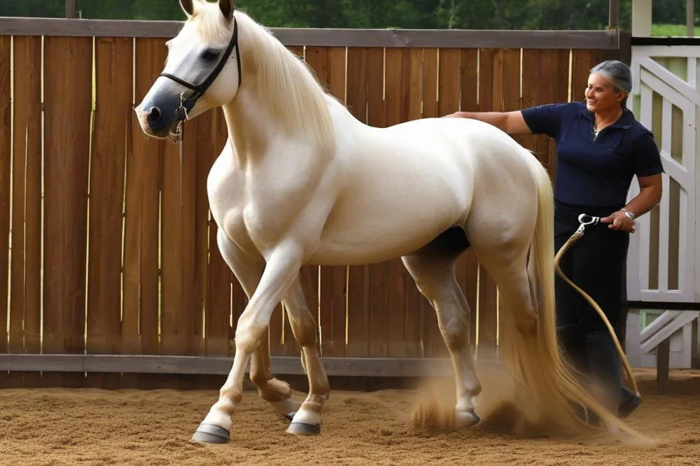 A person brushing the shiny coat of an Akhal-Teke horse in a stable.