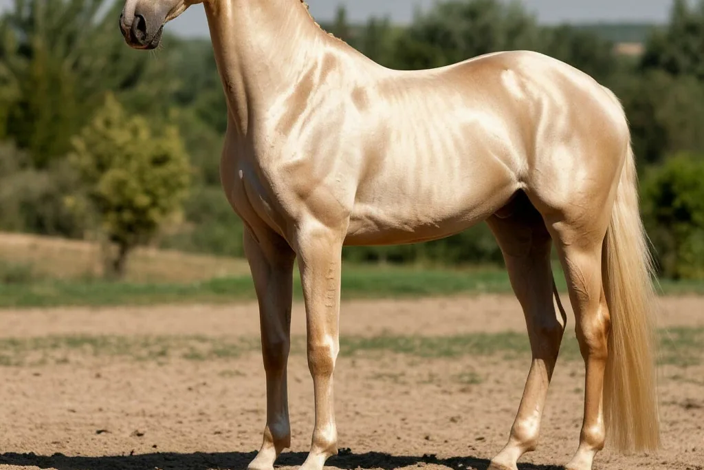 A rare Akhal-Teke horse standing in a grassy field with a serene expression.