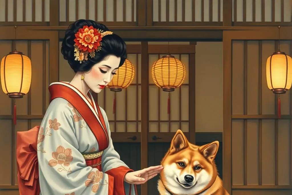 An Akita standing proudly in a traditional Japanese setting