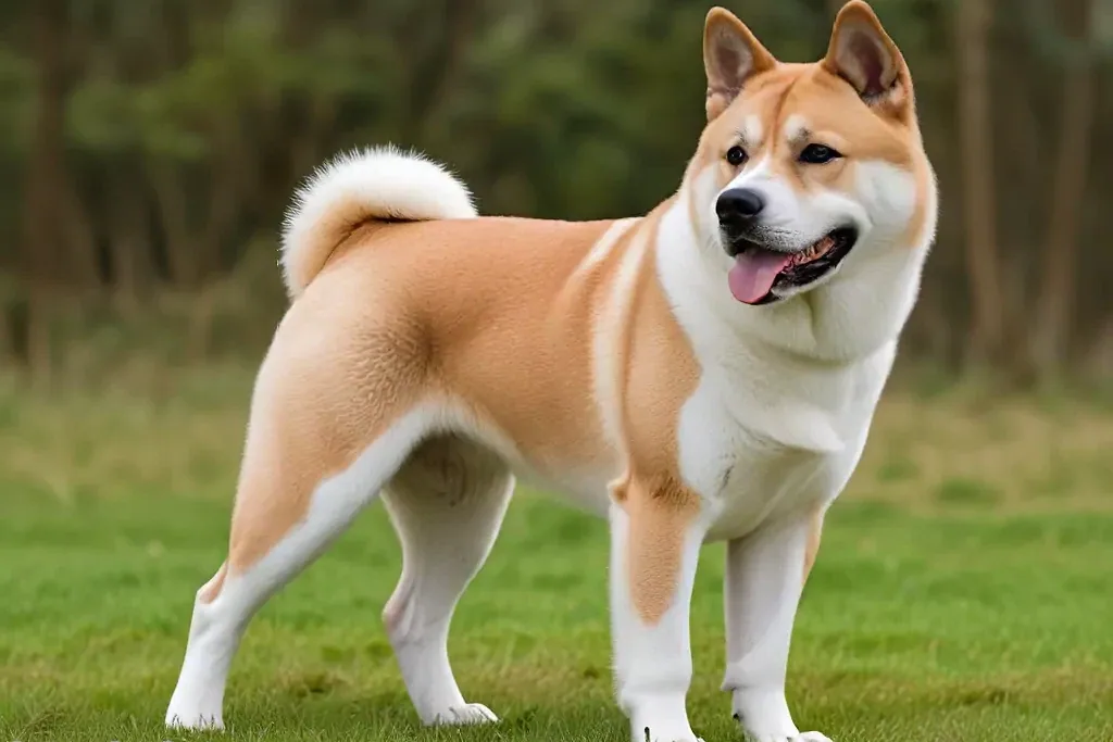 An Akita standing in a grassy field, showing its muscular build and thick coat.