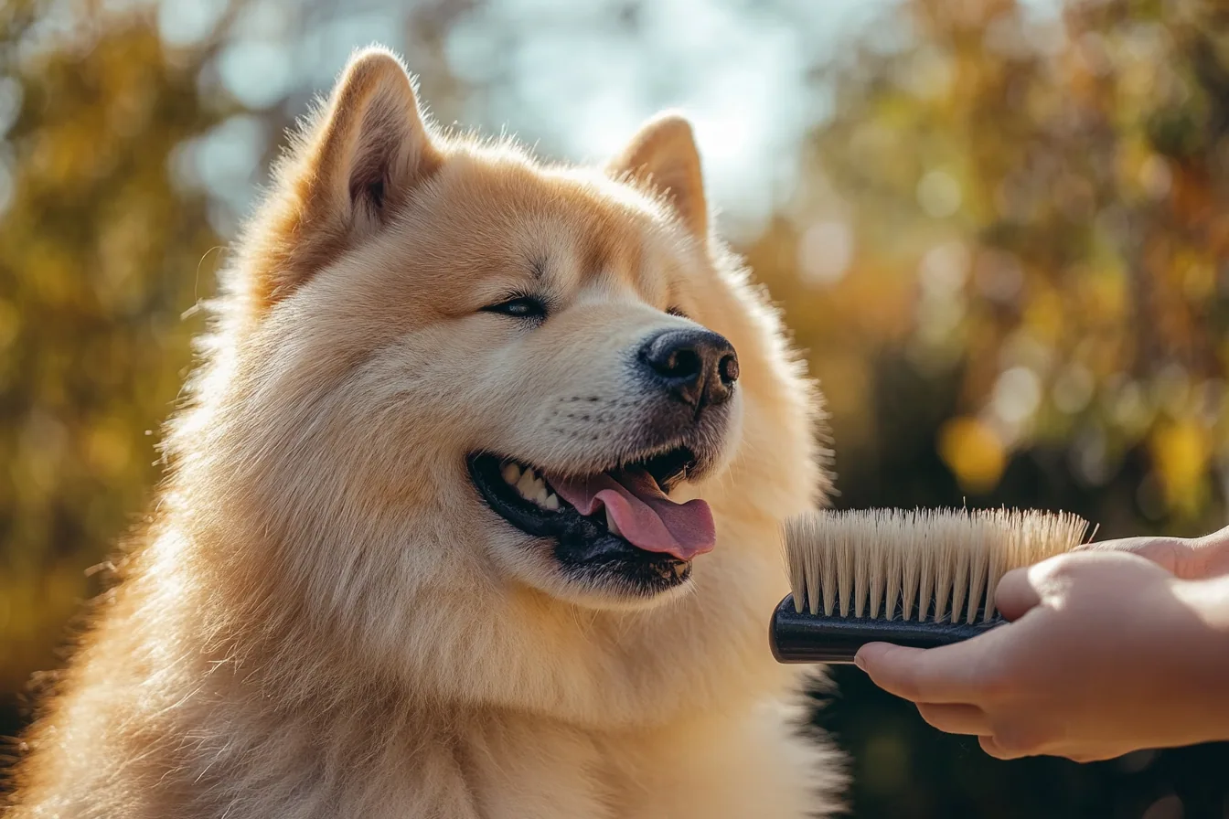 An Akita being brushed by a person in a sunny yard.