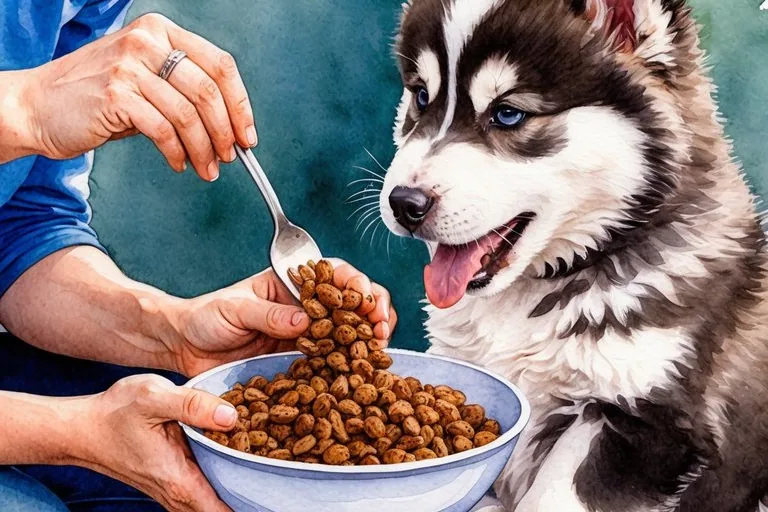An Alaskan Malamute eating from a food bowl in a kitchen setting.