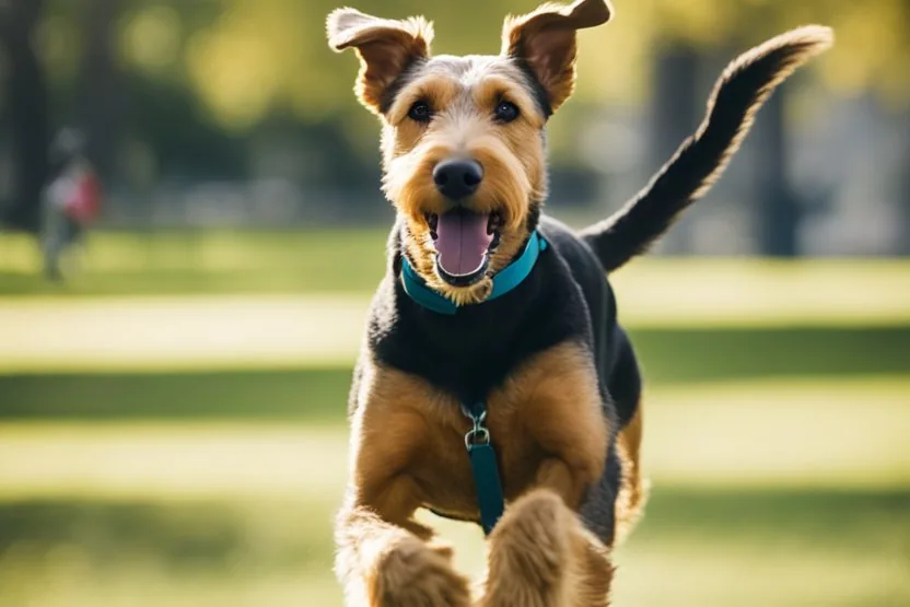 Airedale Terrier running through a grassy field with a frisbee in its mouth
