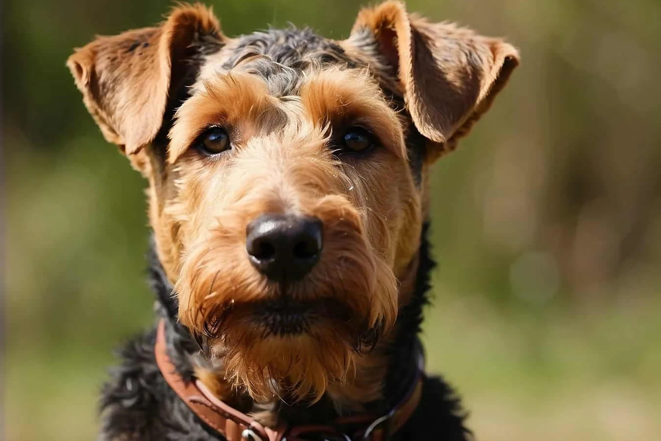 Airedale Terrier sitting calmly in a sunny veterinary clinic exam room