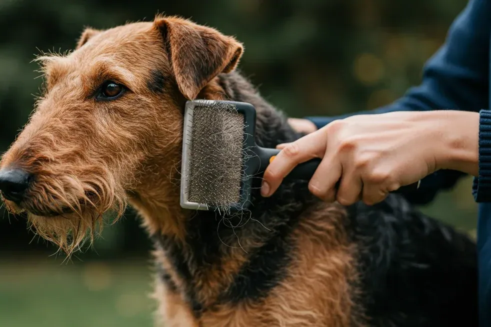 An Airedale Terrier being brushed by a person in a sunny yard