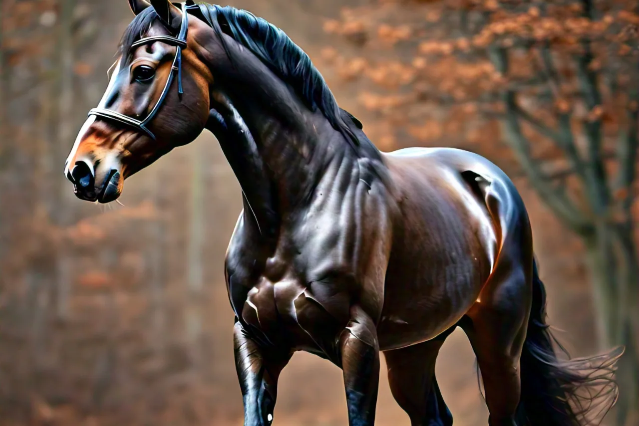 An Albanian horse standing in a grassy field, showing its muscular build and coat.